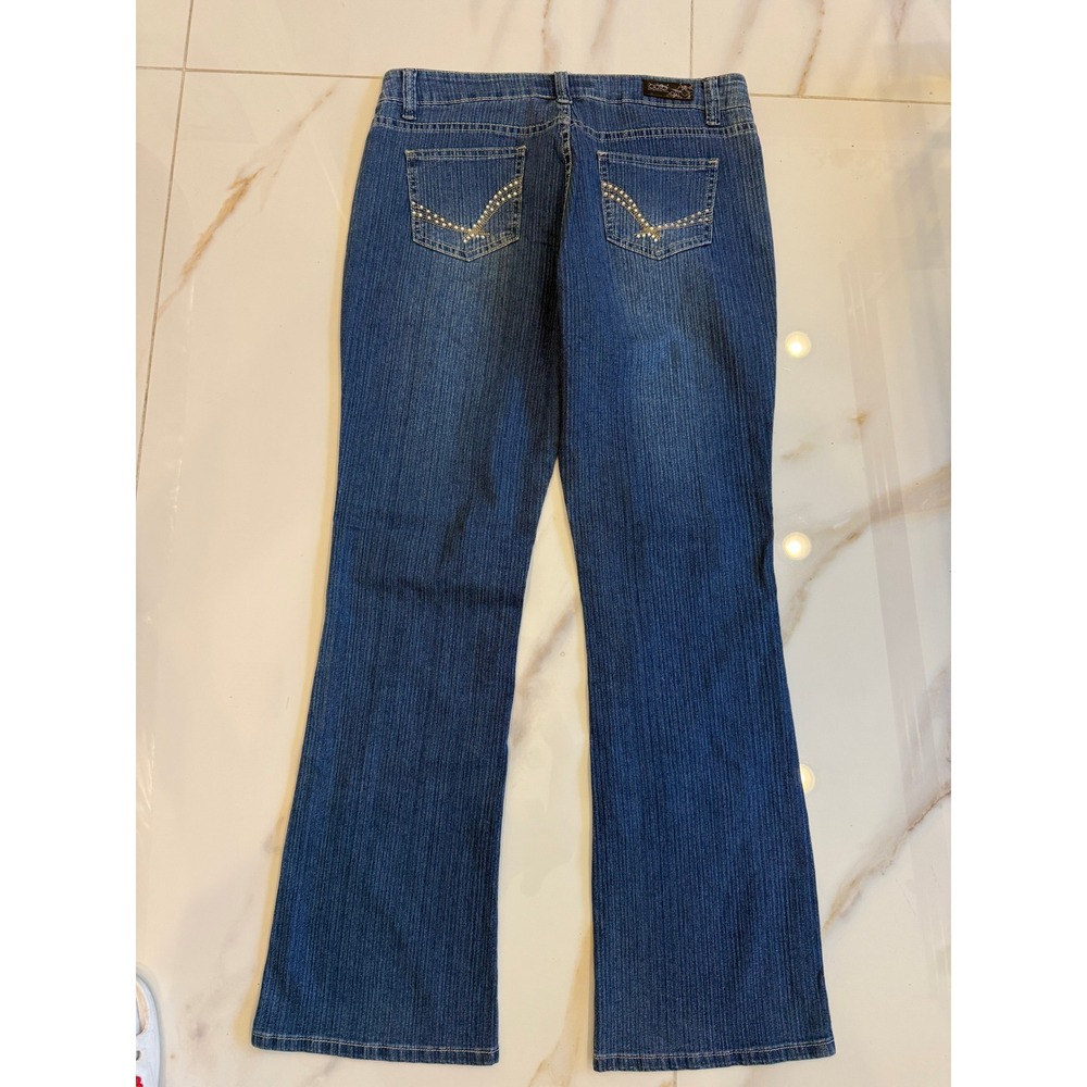 Babo Design Fusion Corp Blue Pinstripe Rhinestone Bootcut Jeans Womens 17 - Picture 6 of 8
